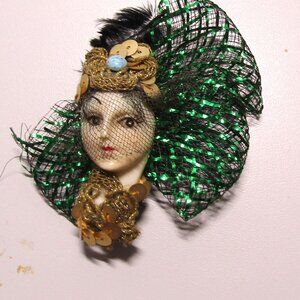 Brooch hand crafted lady face with green and gold accents Mardi Gras Look